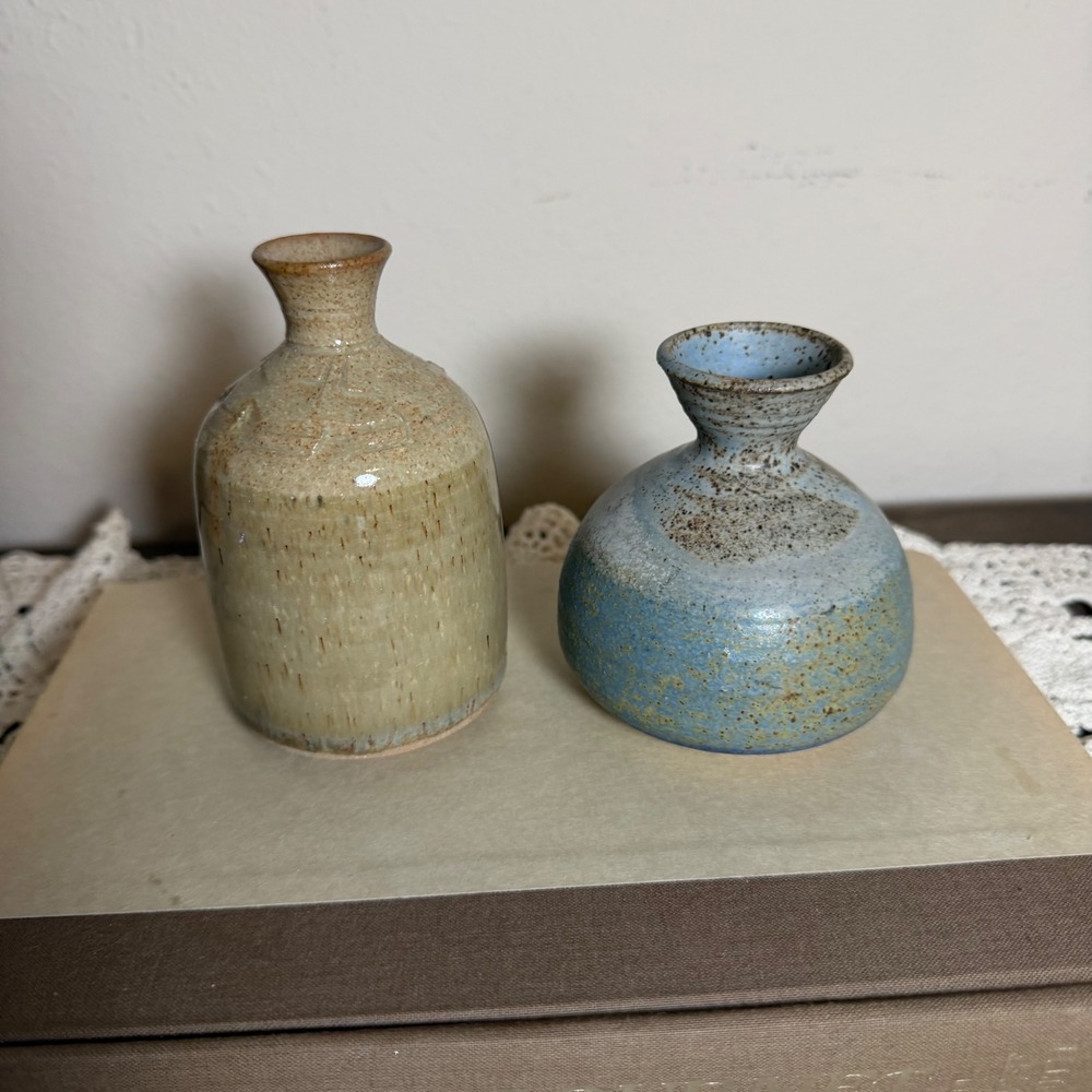 Studio Pottery Bud Vases Set 2 Signed Hand Thrown Ceramic Tan Blue Salt Glaze